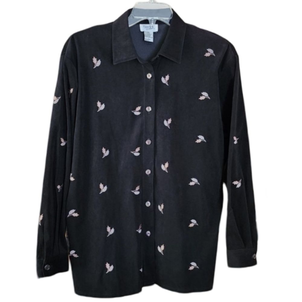 Vintage Teddi Women's Large Black with Embroidered Leaves Blouse